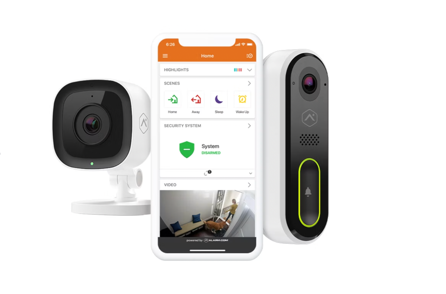 Home security app on a phone next to an indoor camera and video doorbell